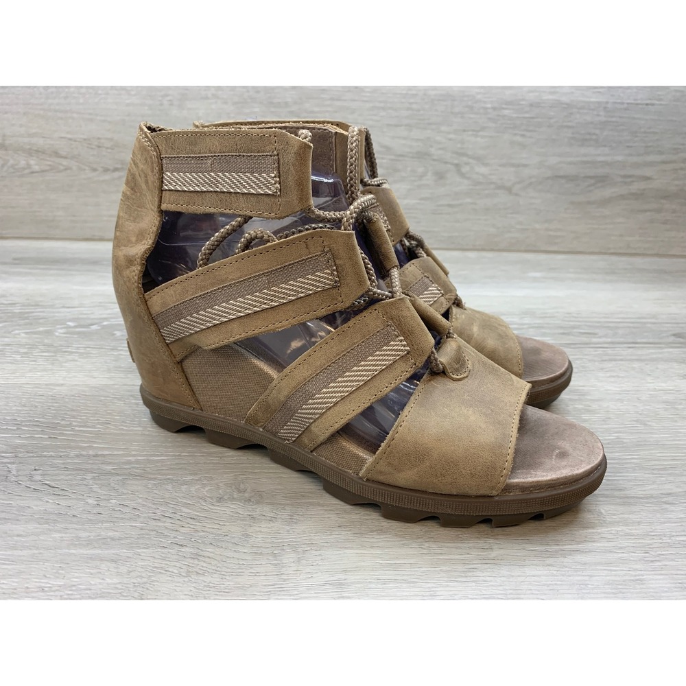Sorel Joanie II Lace Wedge Sandals Tan Leather Women's 10 Casual Shoes